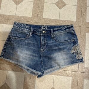 Buckle Black Jean Shorts with Embroidered Detail